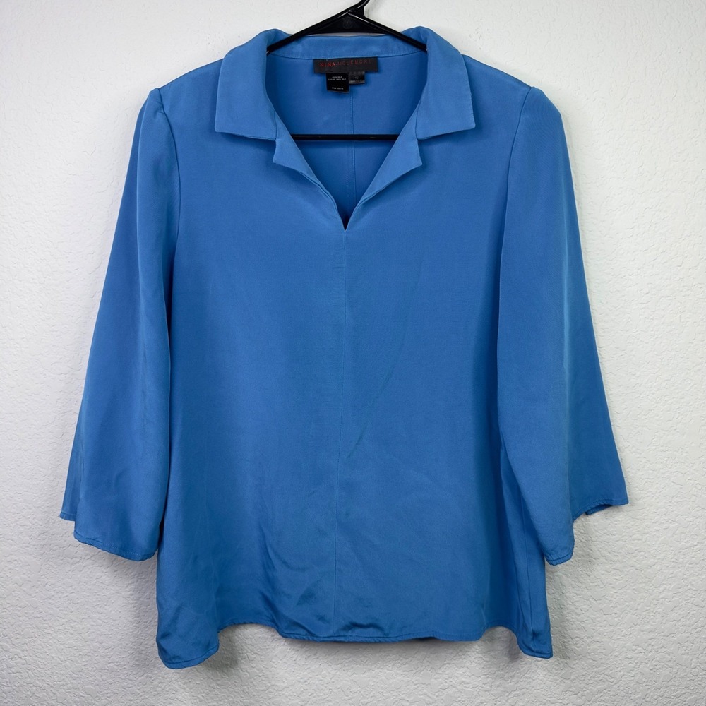 Nina McLemore Shirt Womens 10 Blue Silk Collared‎ Minimalist Career Quiet Luxury
